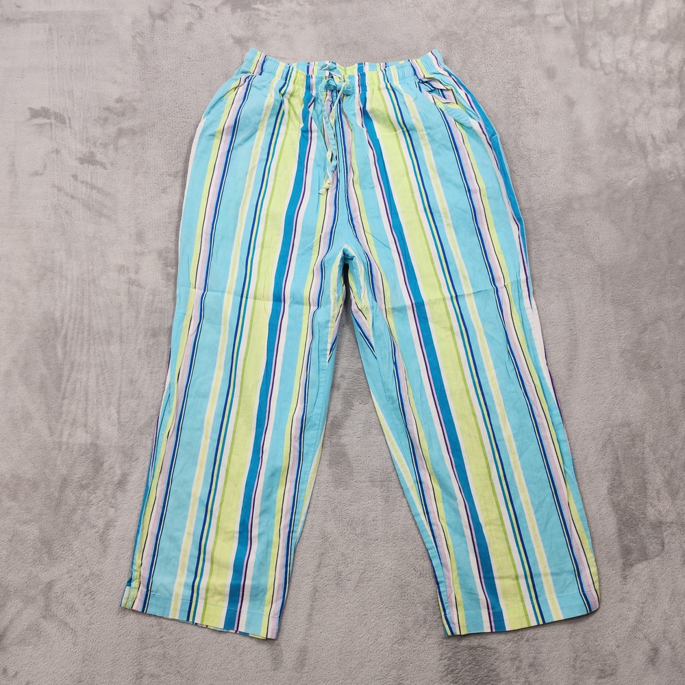 Vintage Erika Pants Womens M Blue Striped Capri Crop Straight Drawstring Casual